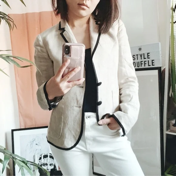 J Crew 100% Linen Schoolboy Blazer Neutral Beige Bold Covered‎ Buttons Work - Picture 4 of 12